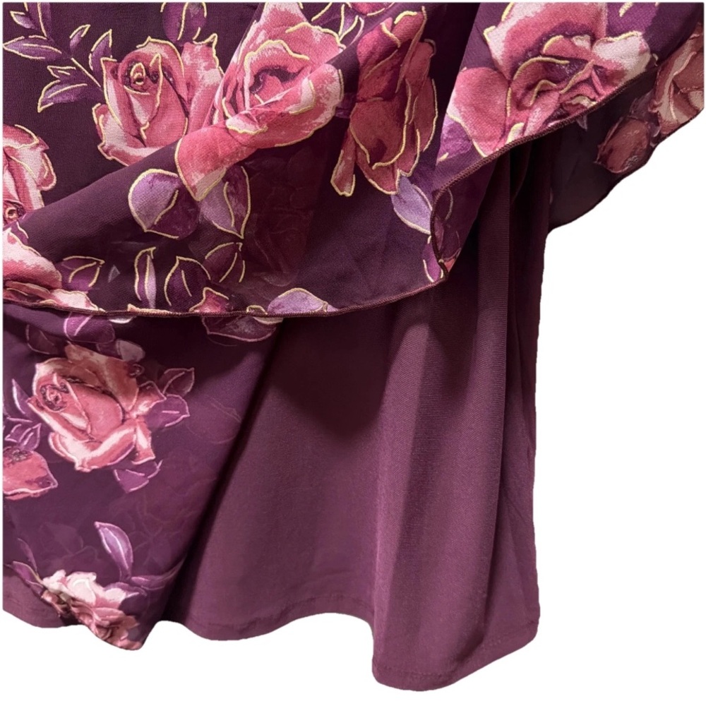 NAIF Cold Shoulder Chiffon Overlay Floral V-Neck Blouse Purple/Pink Boho Artsy L - Picture 5 of 7
